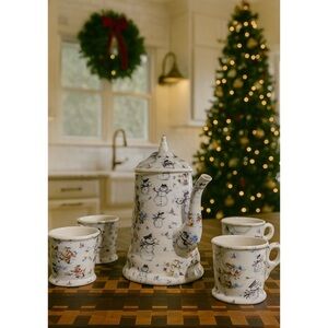 Vintage Grace Snowman Christmas Holiday Porcelain Tea\Coffee Set Kettle/4 Mugs